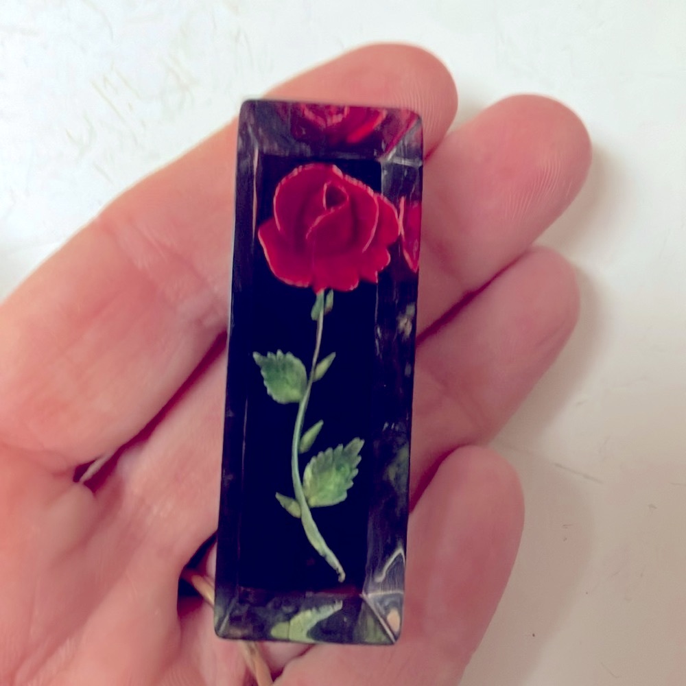 Vintage Clear Lucite Rose Reverse Carved Encased Brooch Pin